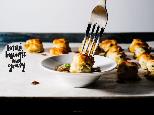 Mini Cream Cheese and Green Onion Biscuits and Spicy Sausage Gravy